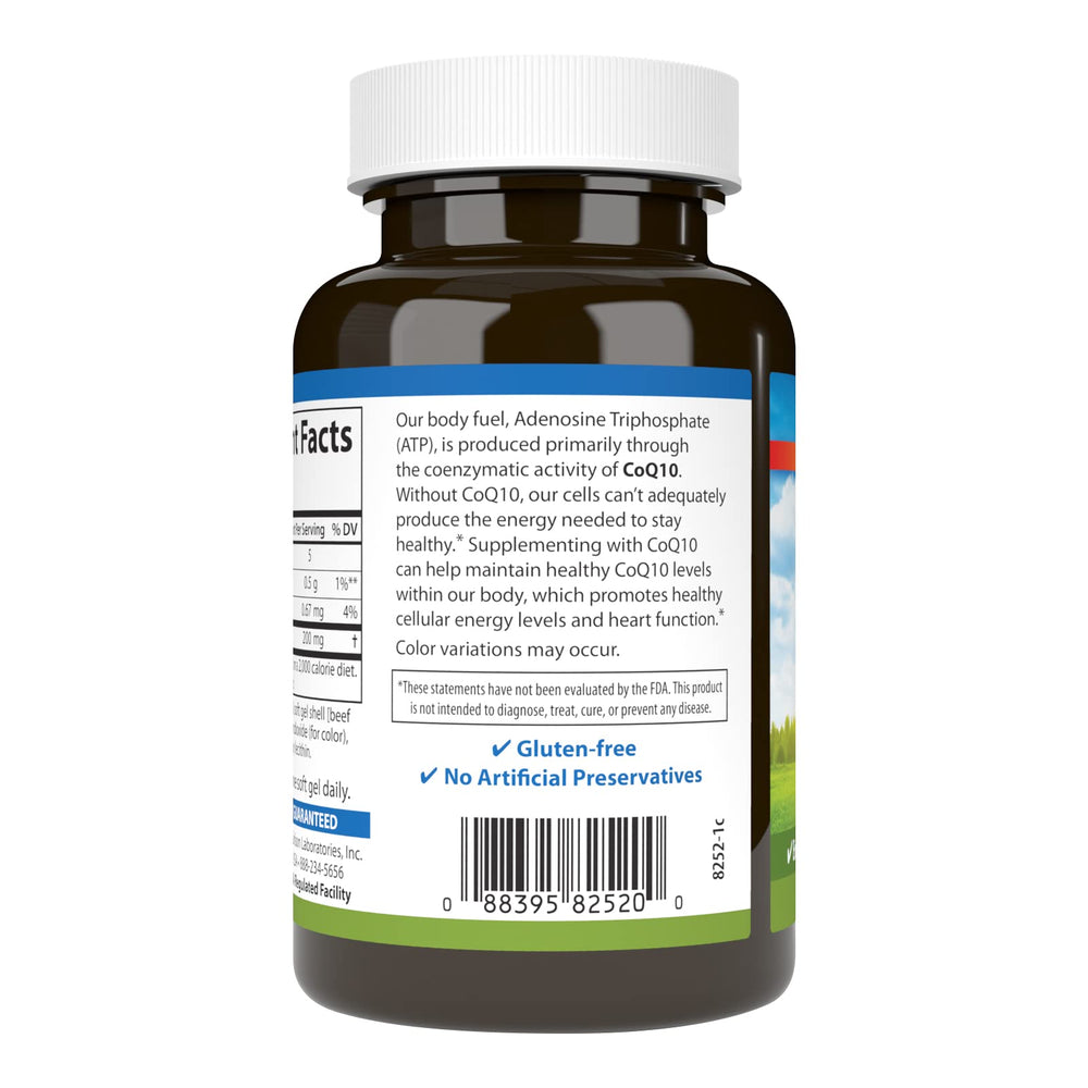 Carlson Co-Q10 bottle label shows 200 mg potency for daily use.