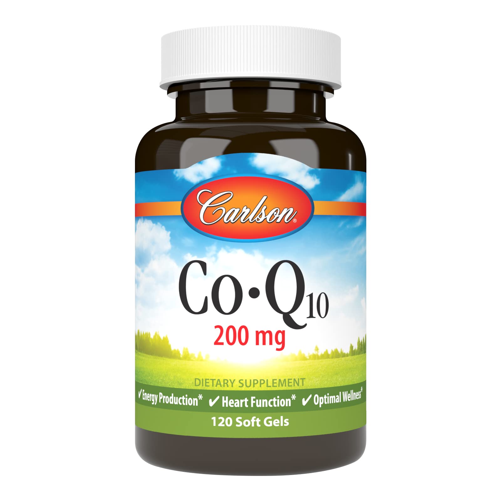 Carlson Co-Q10 200 mg softgels bottle on shelf for daily energy support.