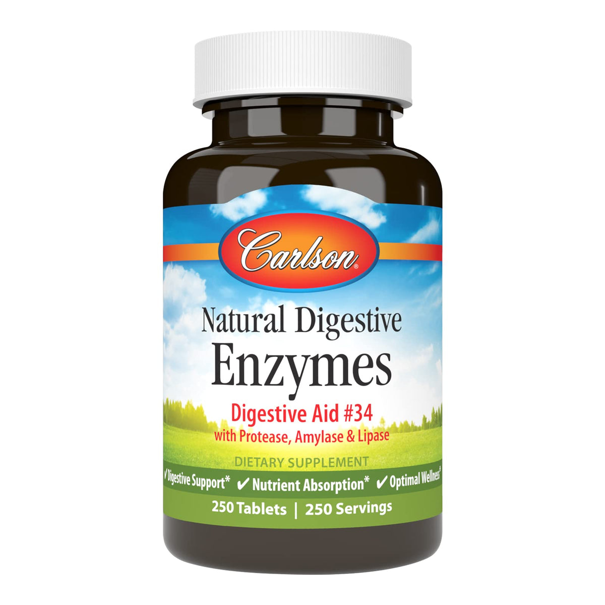 Carlson digestive enzymes tablets bottle on white background for everyday digestive support.