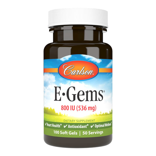 Carlson E-Gems bottle close-up highlight natural-source vitamin E soft gels for daily use.