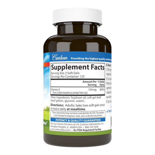 Carlson E-Gems bottle label highlighting 200 IU of vitamin E.
