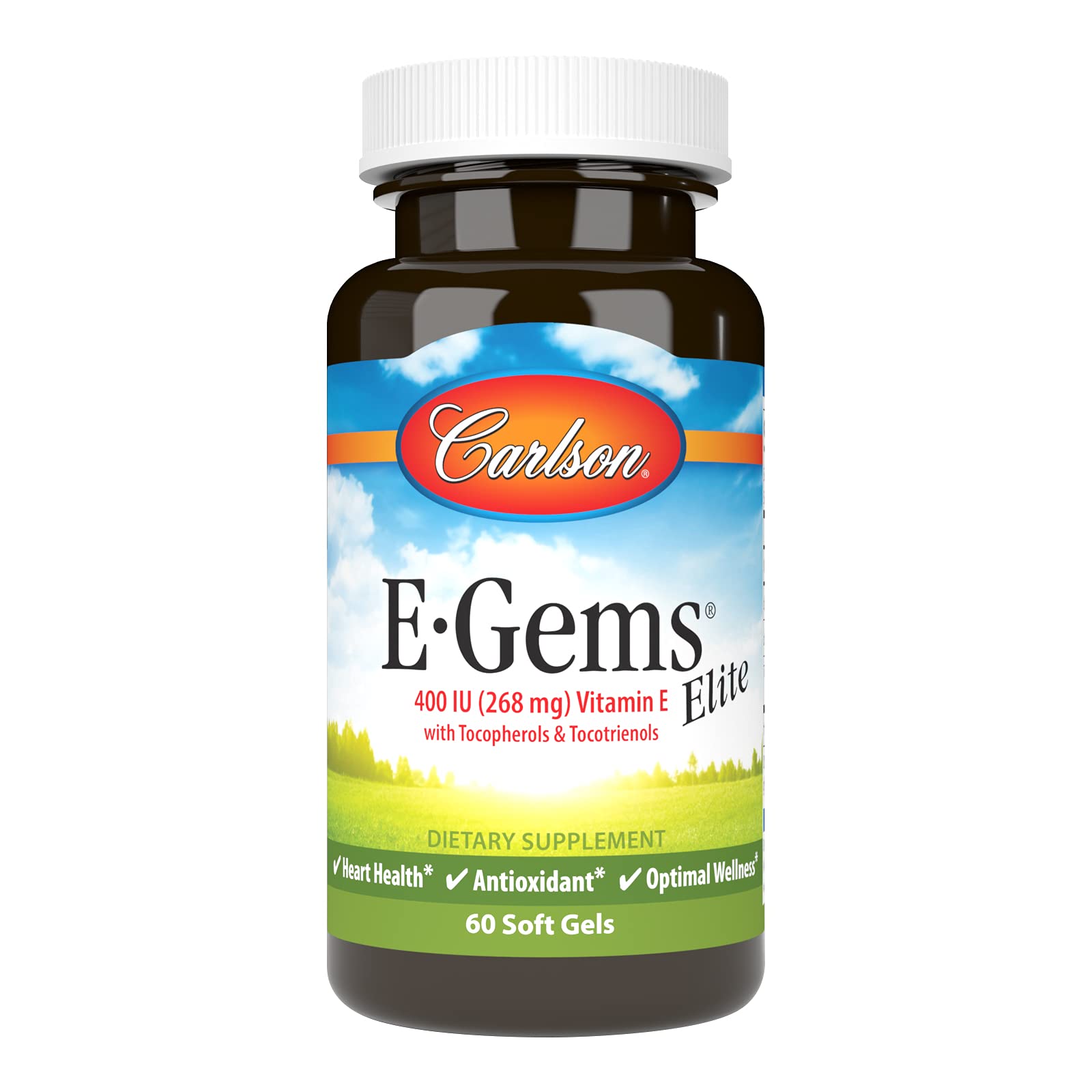 Carlson E-Gems Elite bottle front shows branding and a premium vitamin E blend for antioxidant support.
