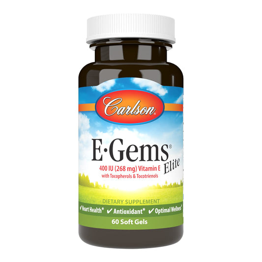 Carlson E-Gems Elite bottle front shows branding and a premium vitamin E blend for antioxidant support.