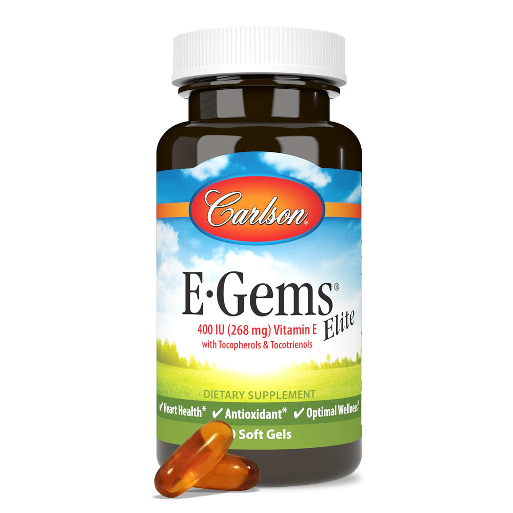 Carlson E-Gems Elite soft gels arranged in a blister pack for easy daily supplementation.