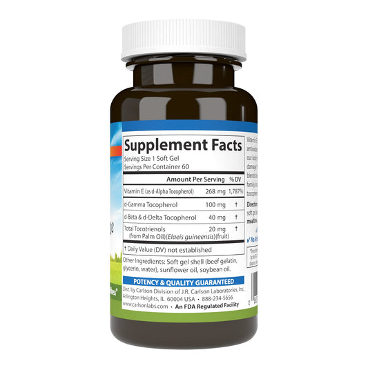 Carlson E-Gems Elite soft gels close-up highlighting 400 IU per capsule for cardiovascular wellness.