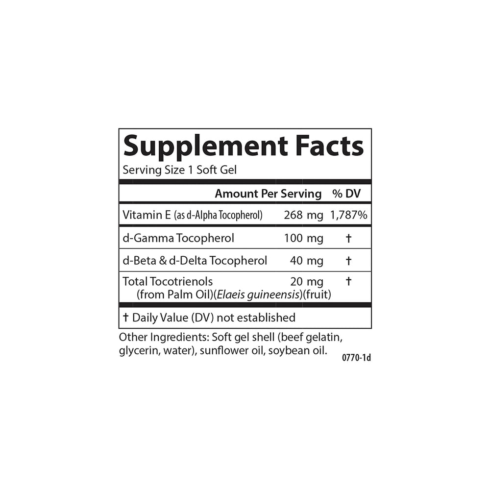 Carlson E-Gems Elite ingredients panel highlights eight forms of vitamin E.