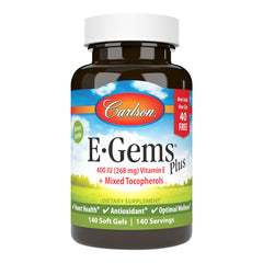 Carlson E-Gems Plus 400 IU bottle close-up showing premium vitamin E soft gels