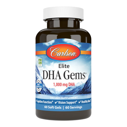 Carlson Elite DHA Gems bottle front showing label and DHA content for daily omega-3.