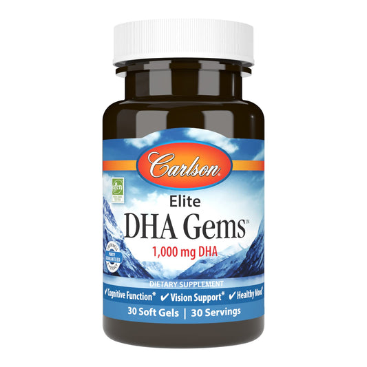 Carlson Elite DHA Gems bottle showing premium DHA benefits for brain and vision