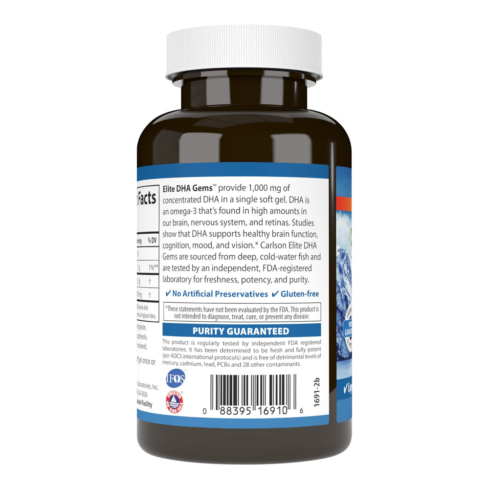 Carlson Elite DHA Gems label detail highlights IGEN Non-GMO certification and quality promise.