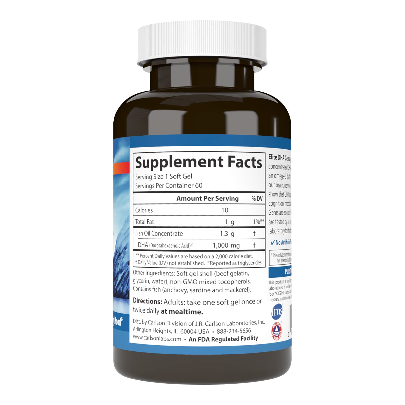 Carlson Elite DHA Gems softgels closeup reveals smooth texture for easy daily swallowing.