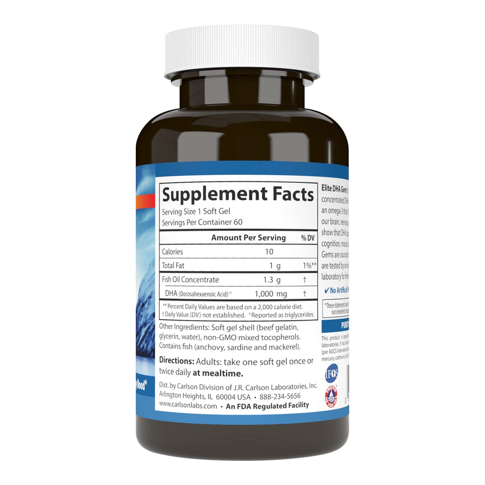 Carlson Elite DHA Gems softgels closeup reveals smooth texture for easy daily swallowing.