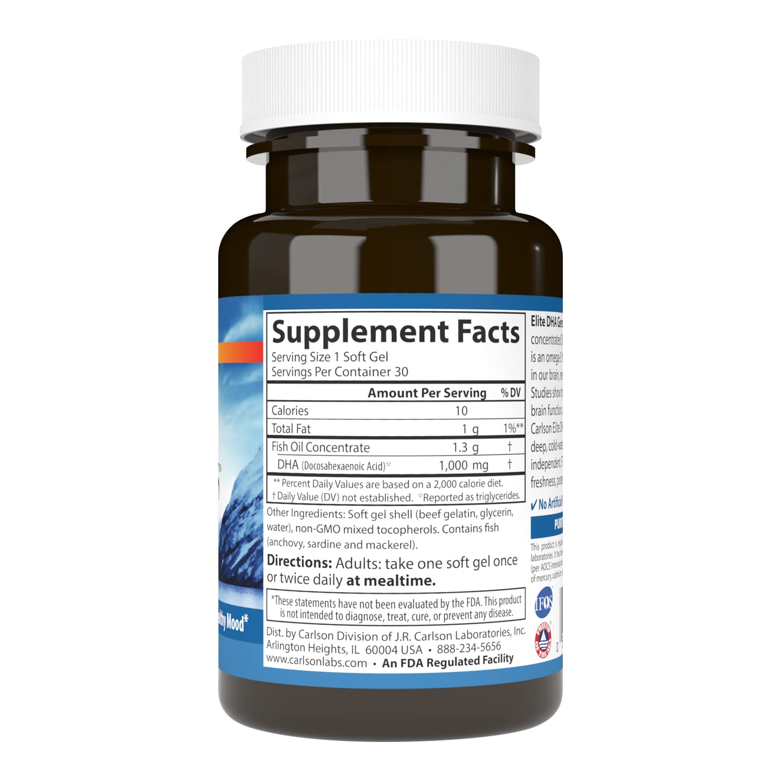 Close-up of Carlson Elite DHA Gems softgels highlighting high DHA content