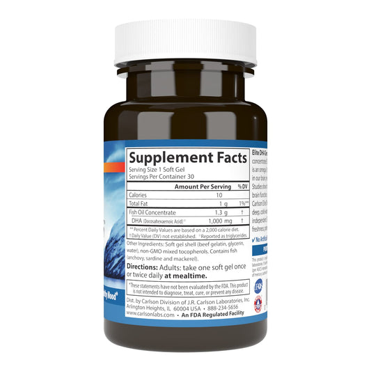 Close-up of Carlson Elite DHA Gems softgels highlighting high DHA content