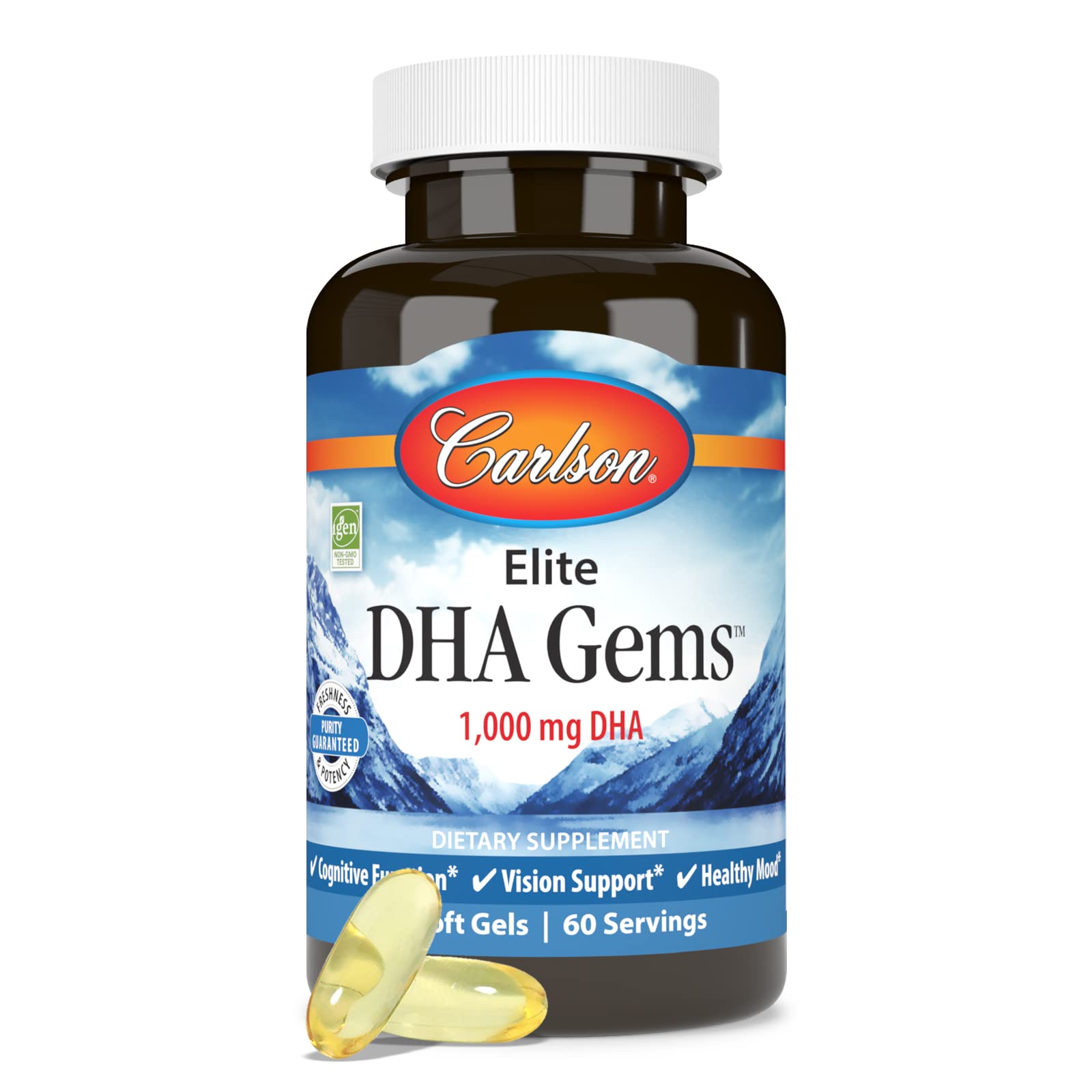Carlson Elite DHA Gems sustainably sourced badge reinforces ethical choice for mindful consumers.