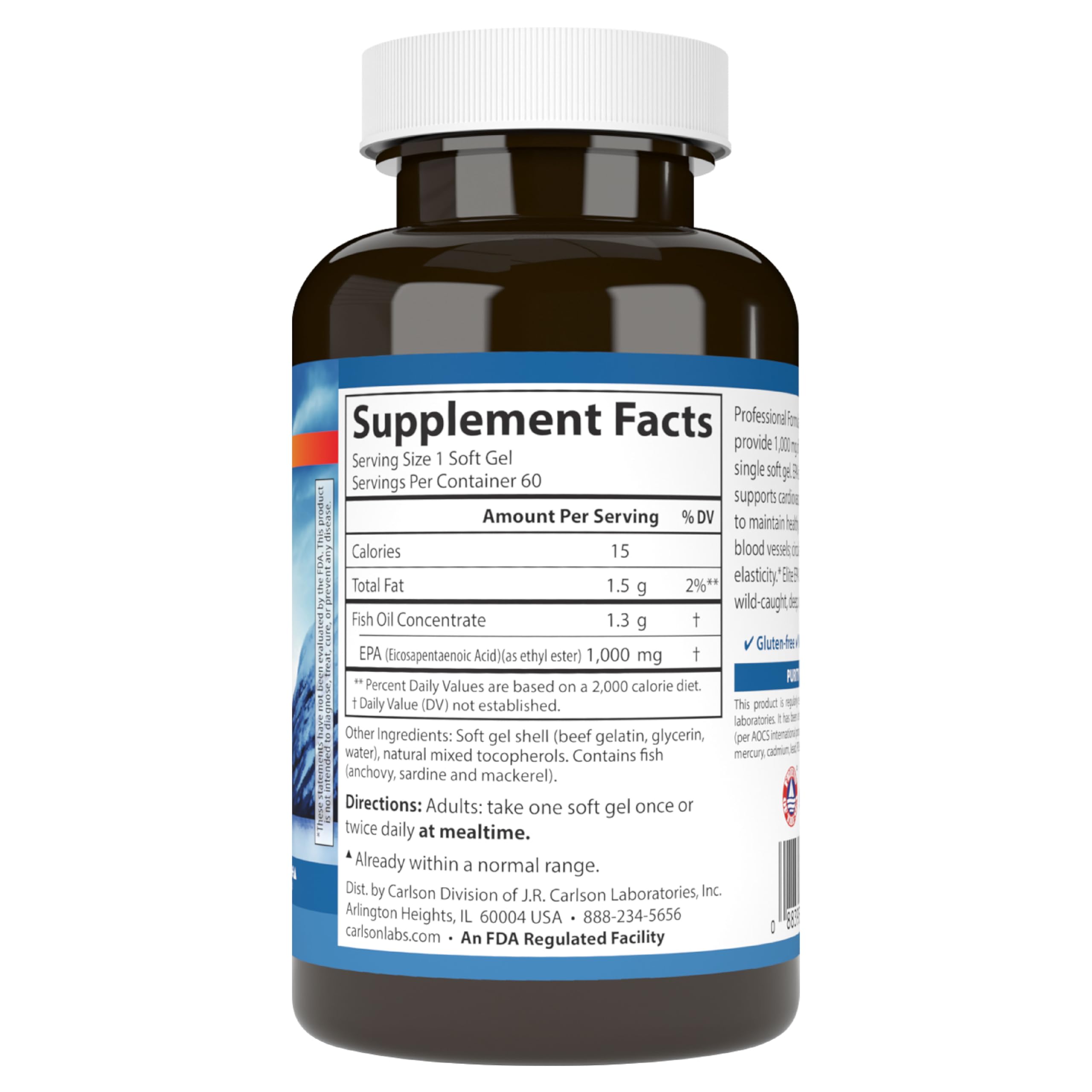 Back label showing certifications and nutritional info for Carlson Elite EPA Gems.