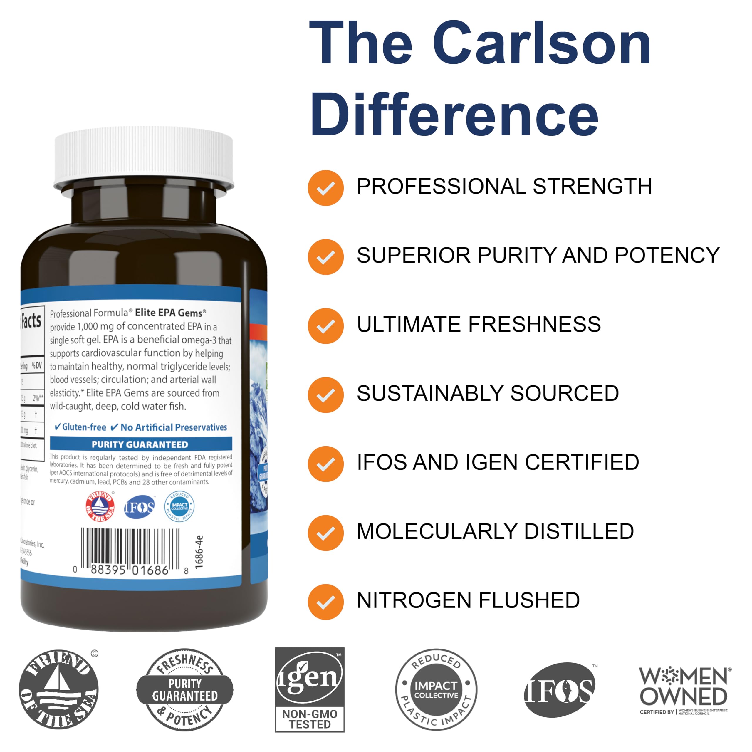 Close-up of Carlson Elite EPA Gems softgels for daily intake.