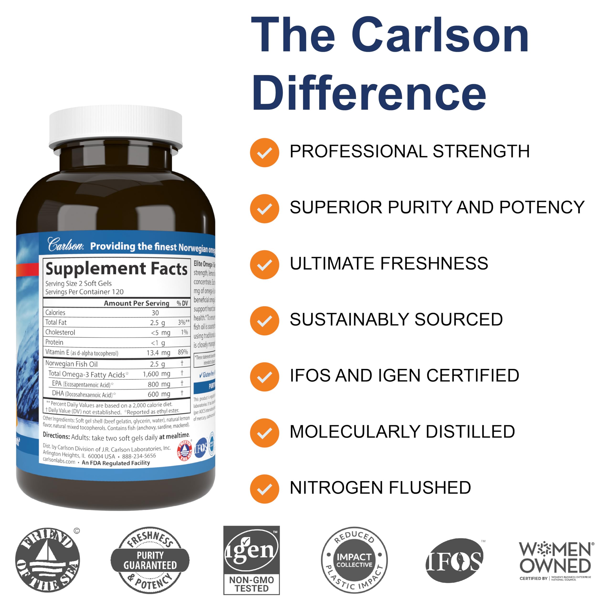 Carlson Elite Omega-3 Gems bottle front displays lemon flavor and convenient daily use