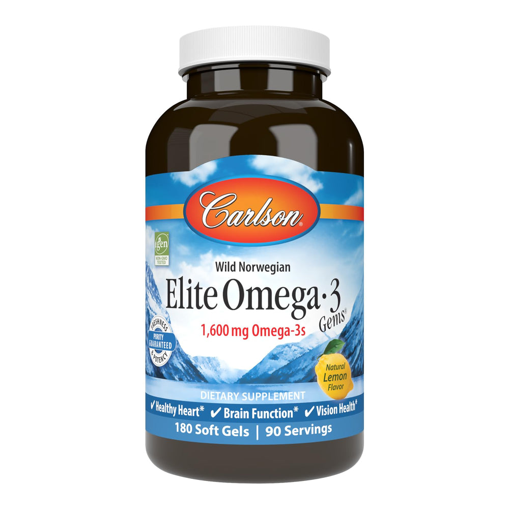 Carlson Elite Omega-3 Gems bottle front view highlighting packaging and design