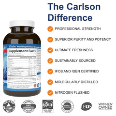 Carlson Elite Omega-3 Gems bottle front displays lemon flavor and convenient daily use
