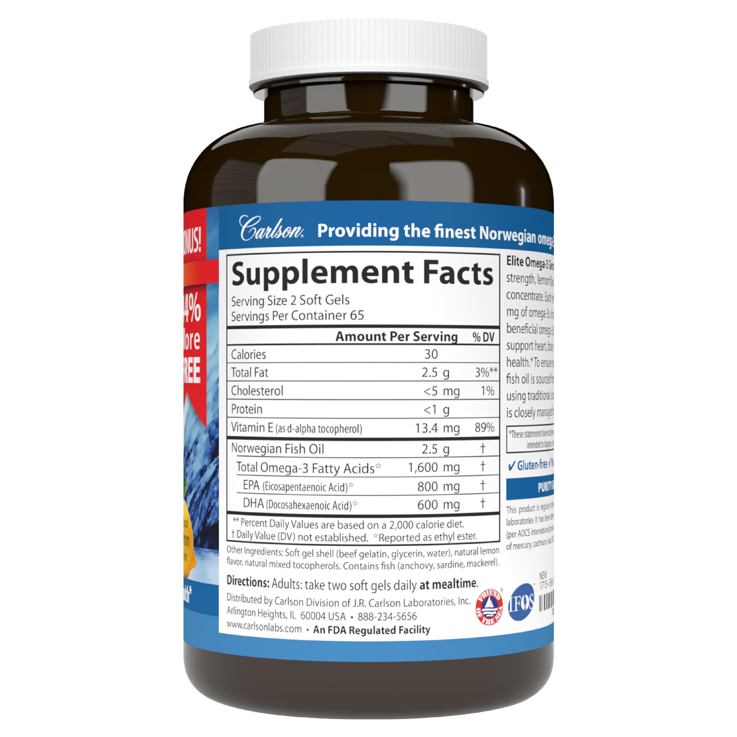 Label shows 1,600 mg omega-3 per serving for consistent intake.