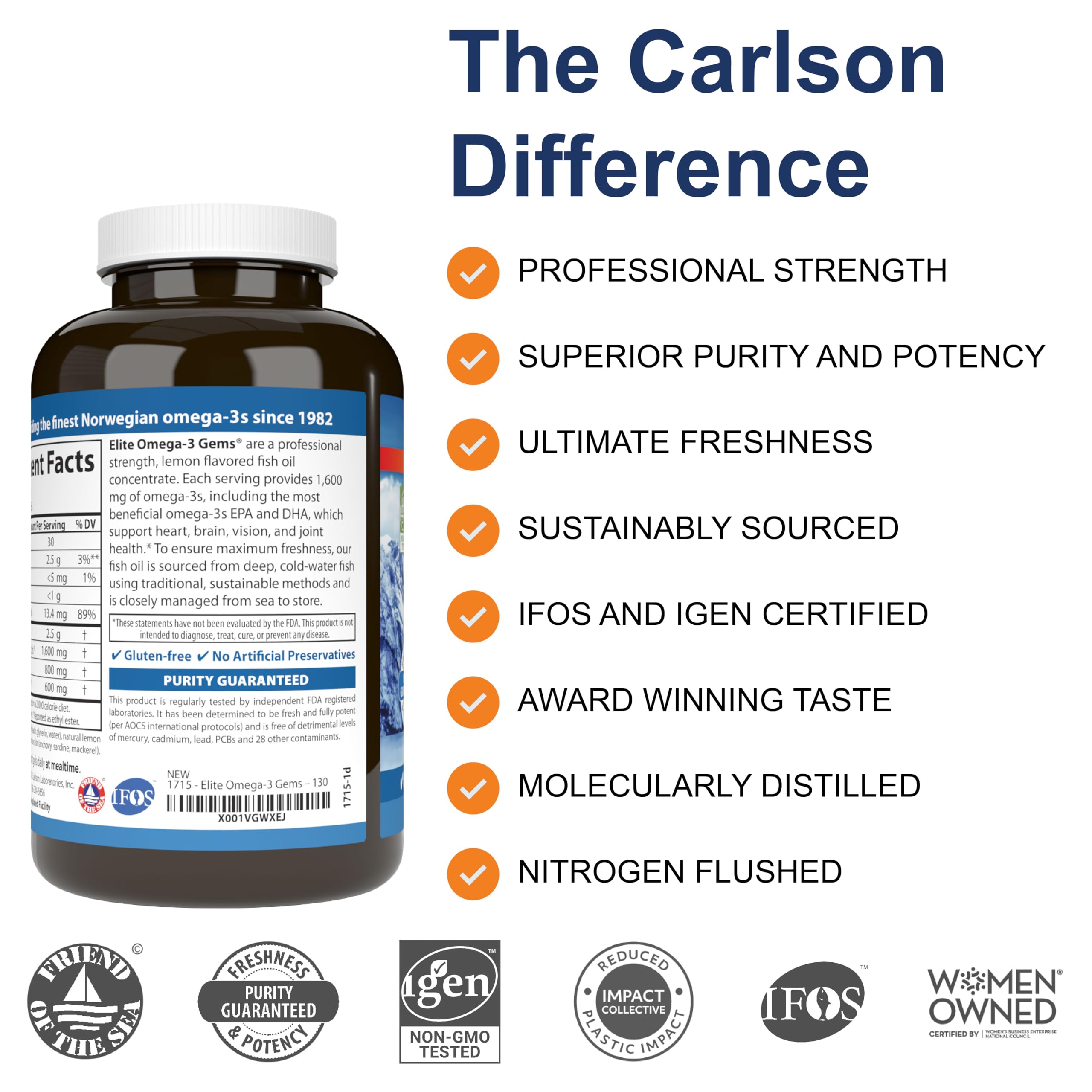 Carlson Elite Omega-3 Gems softgels poured for easy daily use.