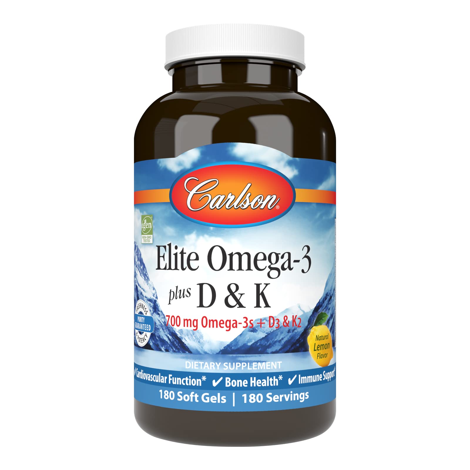Carlson Elite Omega-3 Plus D&K Lemon bottle highlights 700 mg omega-3s for daily wellness.