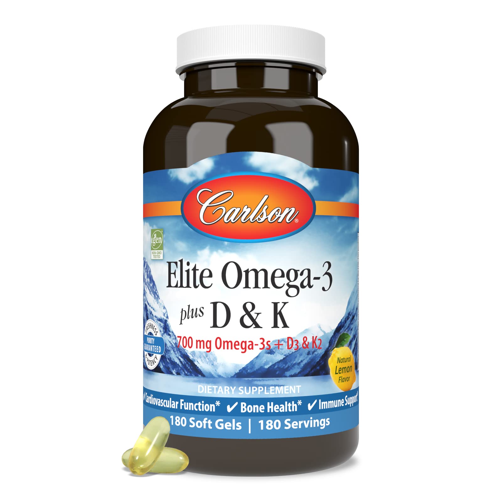 Carlson Elite Omega-3 Plus D&K Lemon bottle on kitchen counter.