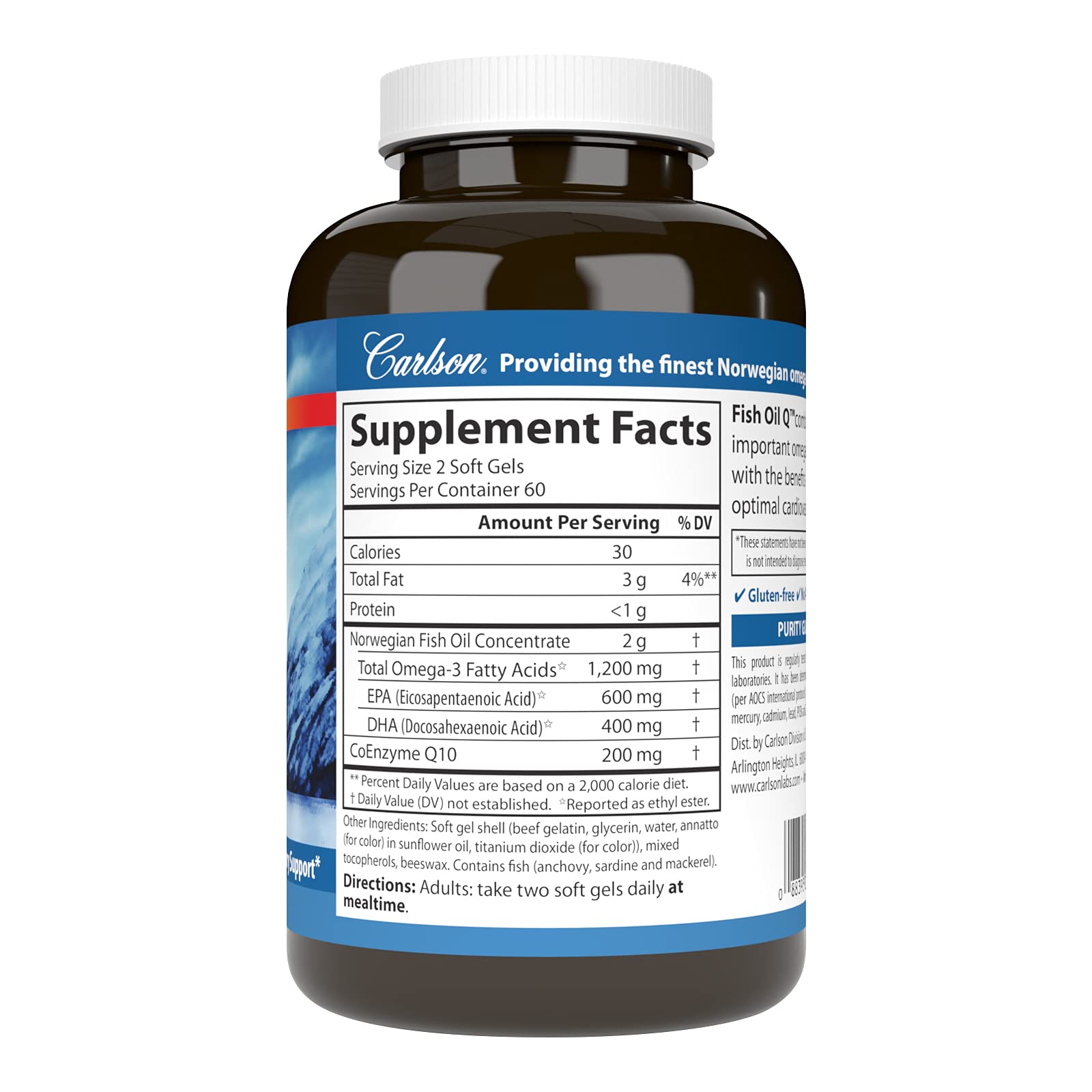 Carlson Fish Oil Q softgels with CoQ10 highlight 200 mg for energy production
