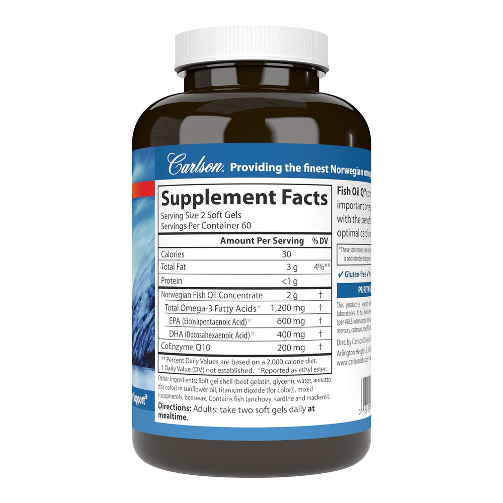 Carlson Fish Oil Q softgels with CoQ10 highlight 200 mg for energy production