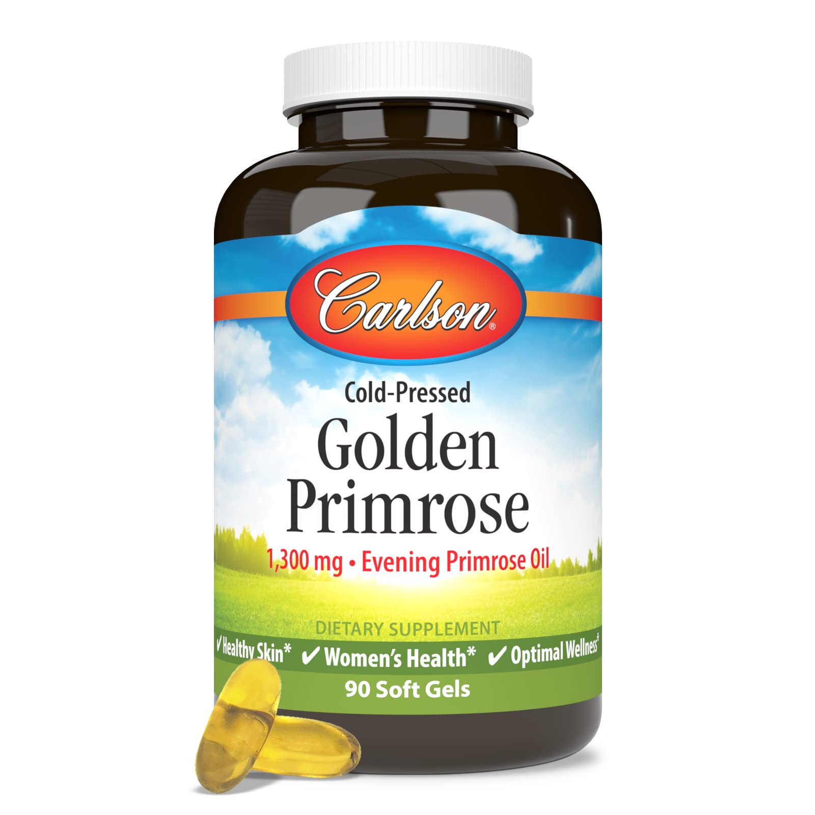 Carlson Golden Primrose Oil bottle on bright kitchen counter for daily routine.