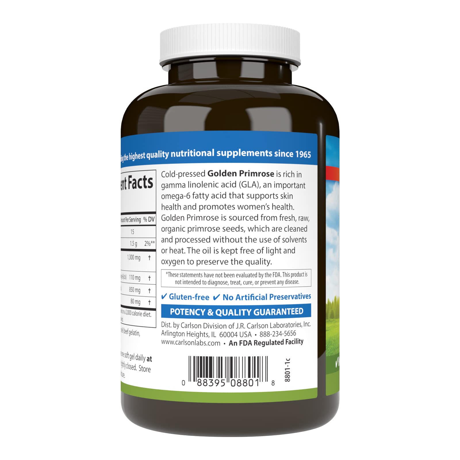 Carlson Golden Primrose Oil bottle label highlights 1,300 mg potency.
