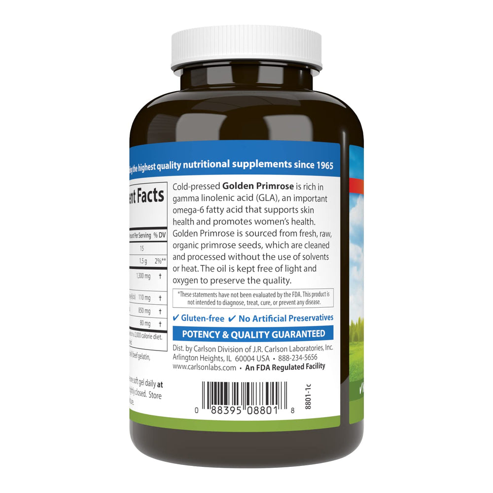 Carlson Golden Primrose Oil bottle label highlights 1,300 mg potency.