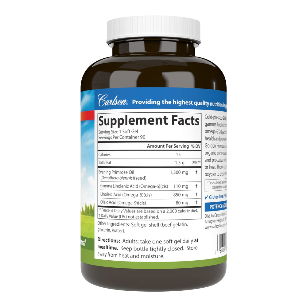 Carlson Golden Primrose Oil softgels close-up showing easy-to-swallow capsules.