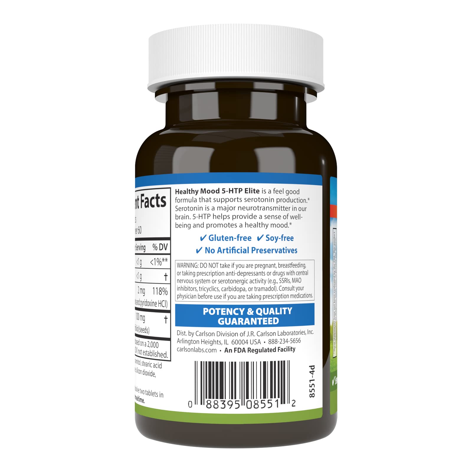 Carlson Healthy Mood 5-HTP Elite chewables in hand illustrate convenient raspberry-flavored support