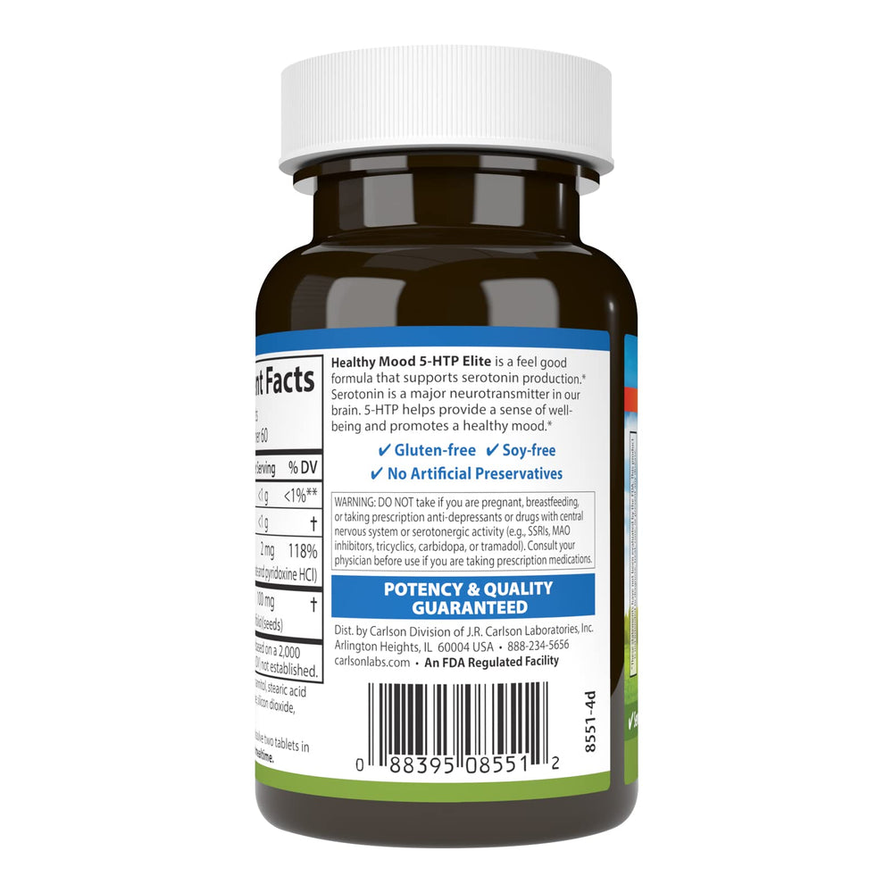 Carlson Healthy Mood 5-HTP Elite chewables in hand illustrate convenient raspberry-flavored support