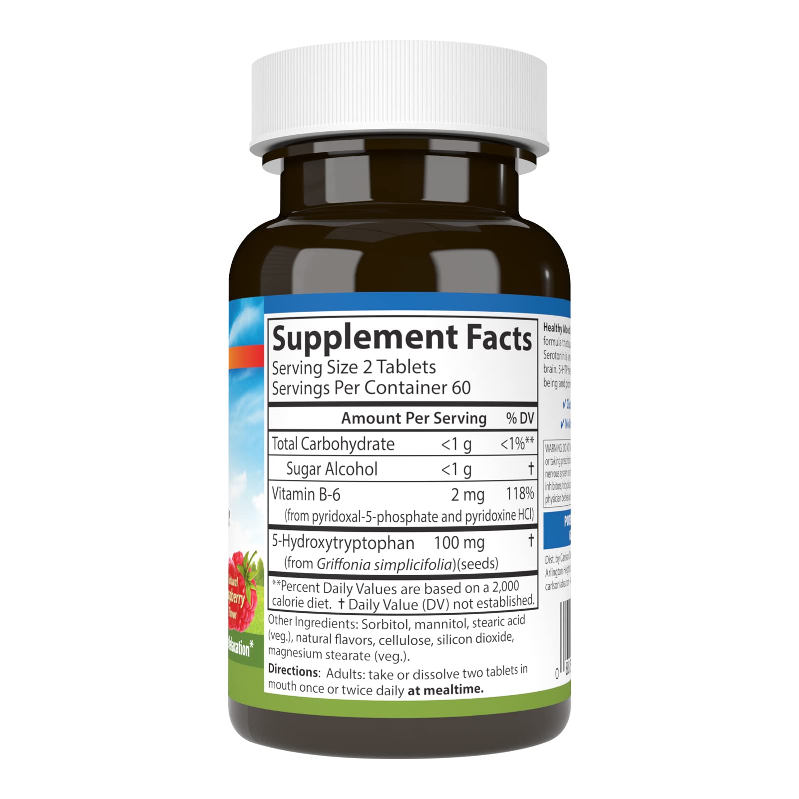 Carlson Healthy Mood 5-HTP Elite label closeup shows 100 mg per serving