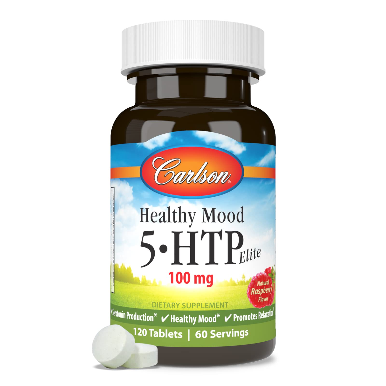 Carlson Healthy Mood 5-HTP Elite raspberry-flavor closeup emphasizes tasty, natural taste