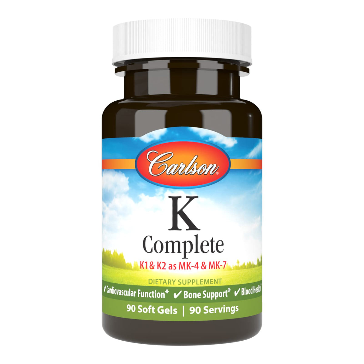 Carlson K Complete Softgels 90-count bottle for bone support on-the-go