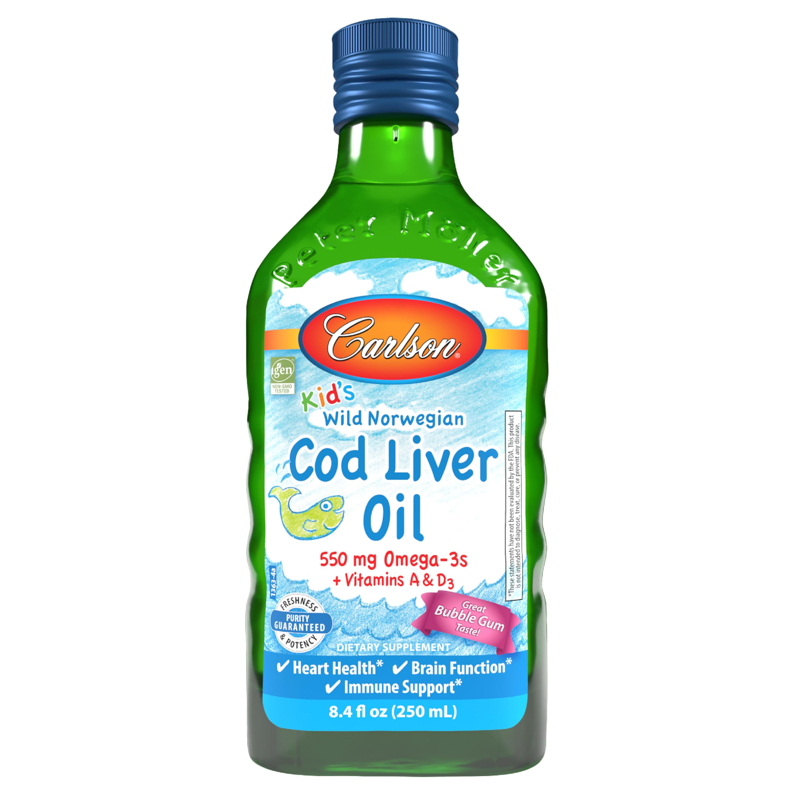 Carlson Kids Cod Liver Oil bubblegum bottle supports growing children with omega-3s
