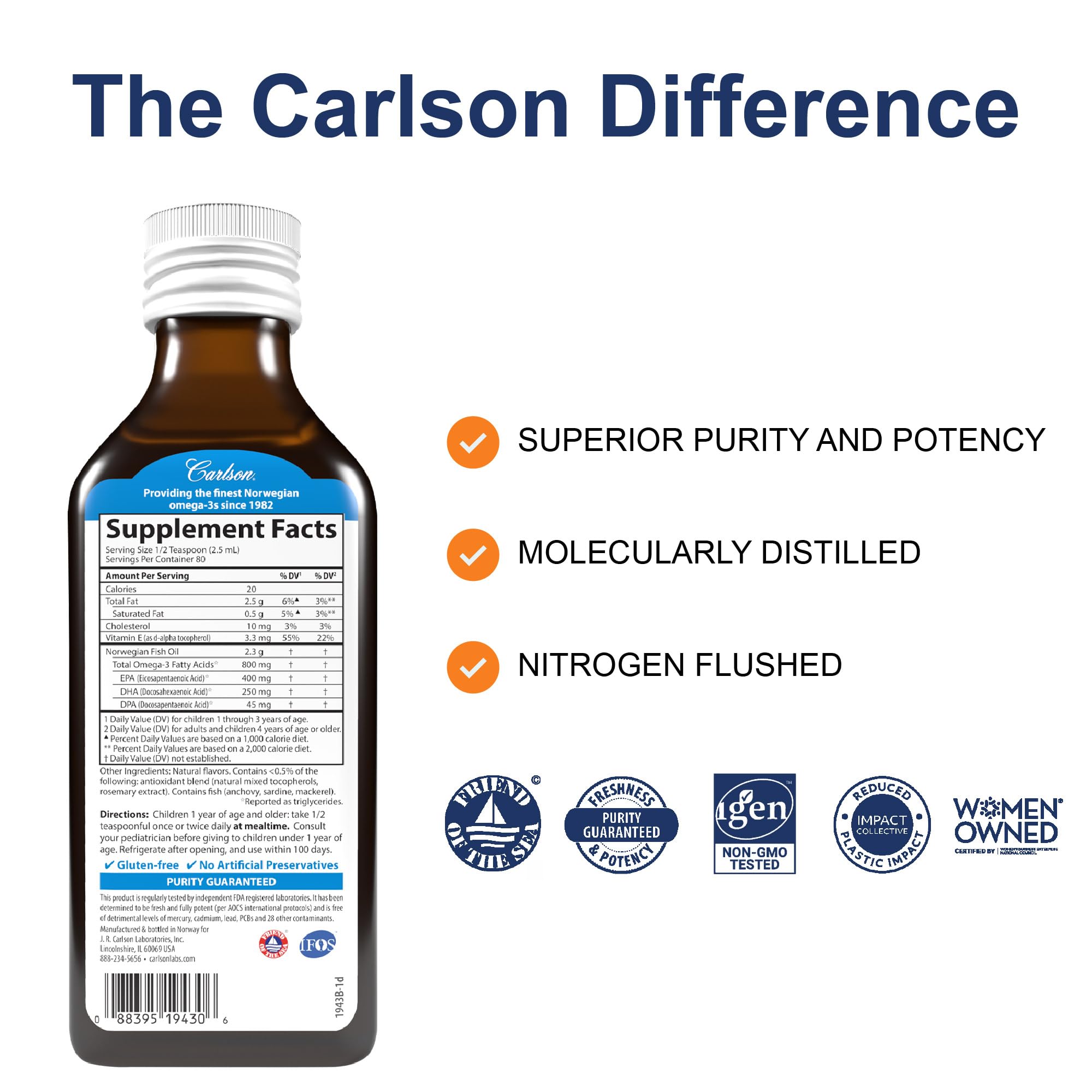 Carlson Kids fish oil 800 mg omega-3 per serving for daily nutrition.