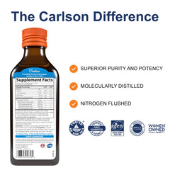 Carlson orange bottle pour shows easy half-teaspoon dosing for families.