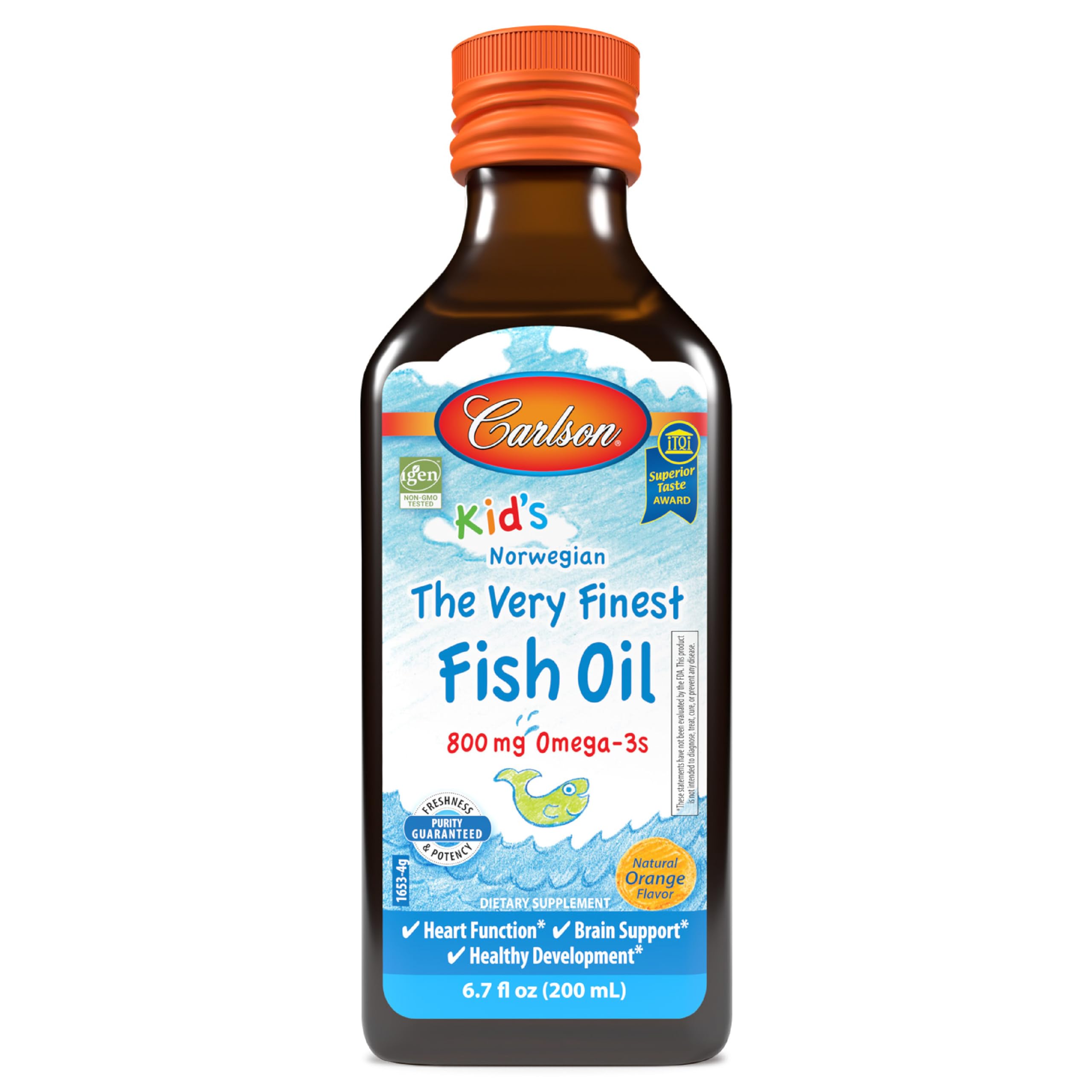 Carlson Kid's The Very Finest Fish Oil orange bottle closeup highlighting kid-friendly omega-3 support.