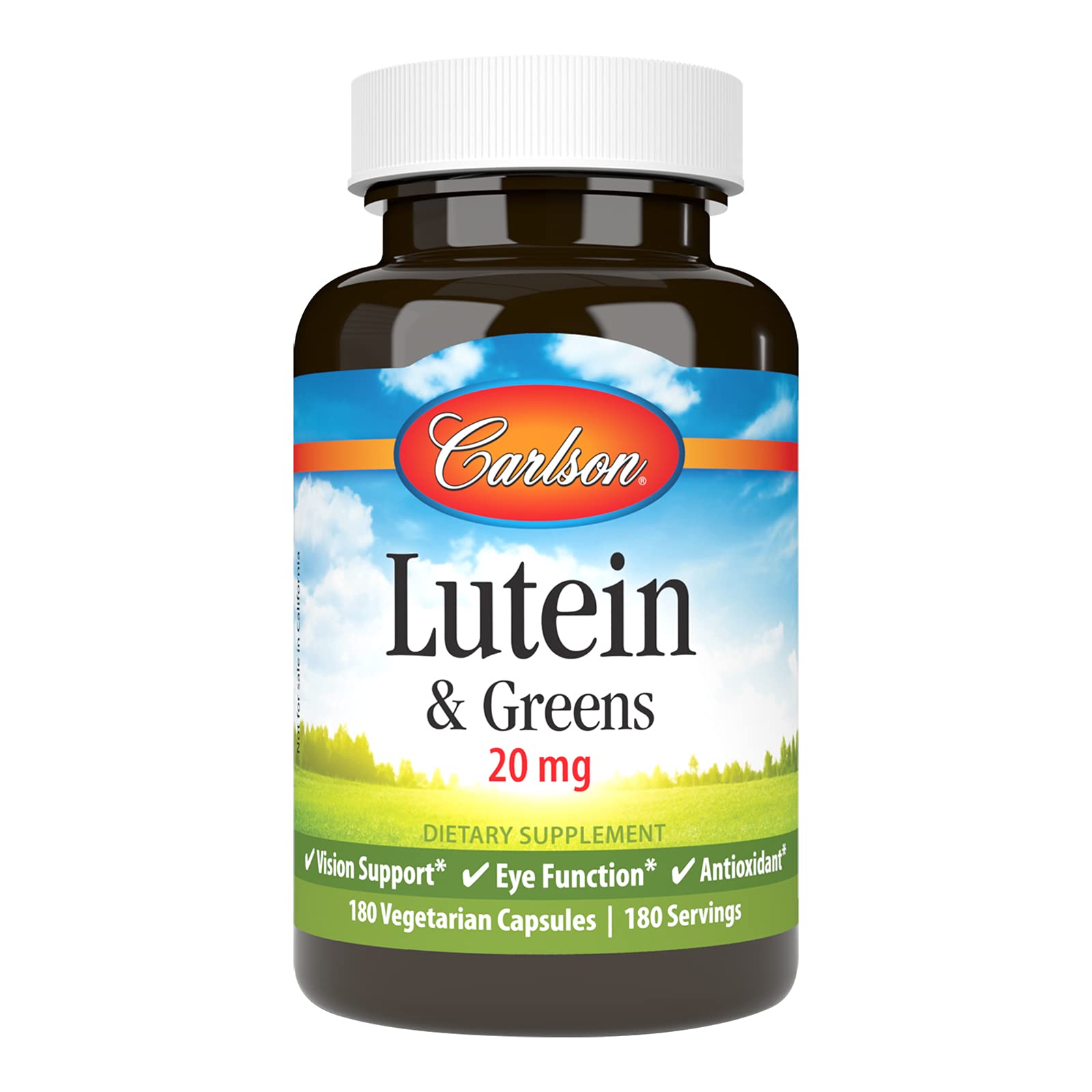 Carlson Lutein & Greens bottle label highlighting eye health support.
