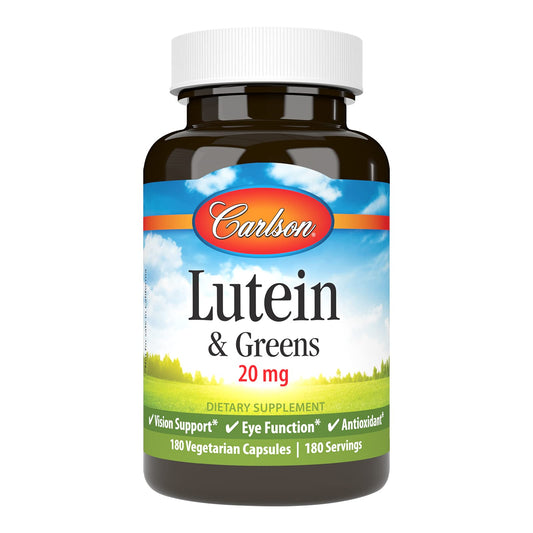 Carlson Lutein & Greens bottle label highlighting eye health support.