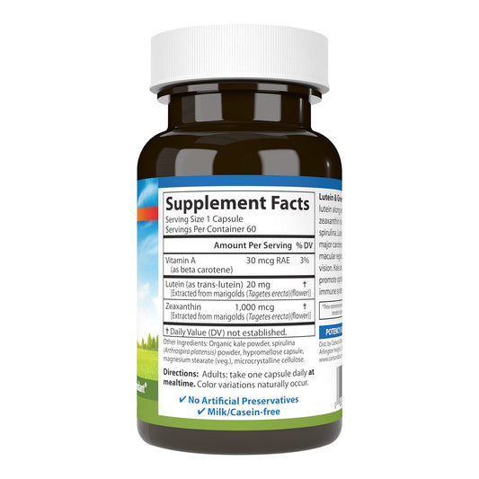 Close-up of Carlson Lutein and Greens capsules highlighting vegetarian formula for eye function.
