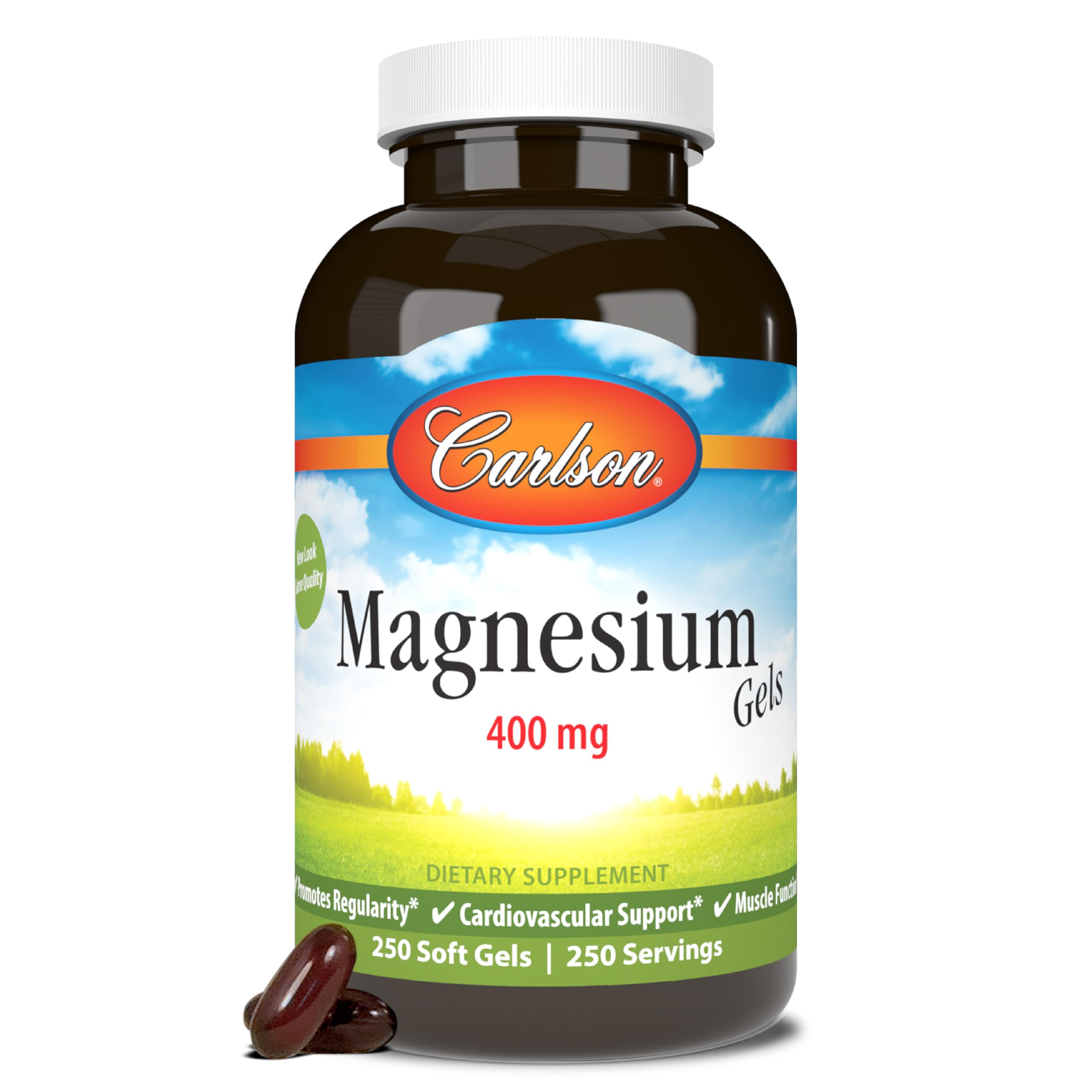 Carlson Magnesium Gels bottle front with softgels for muscle support and heart health.