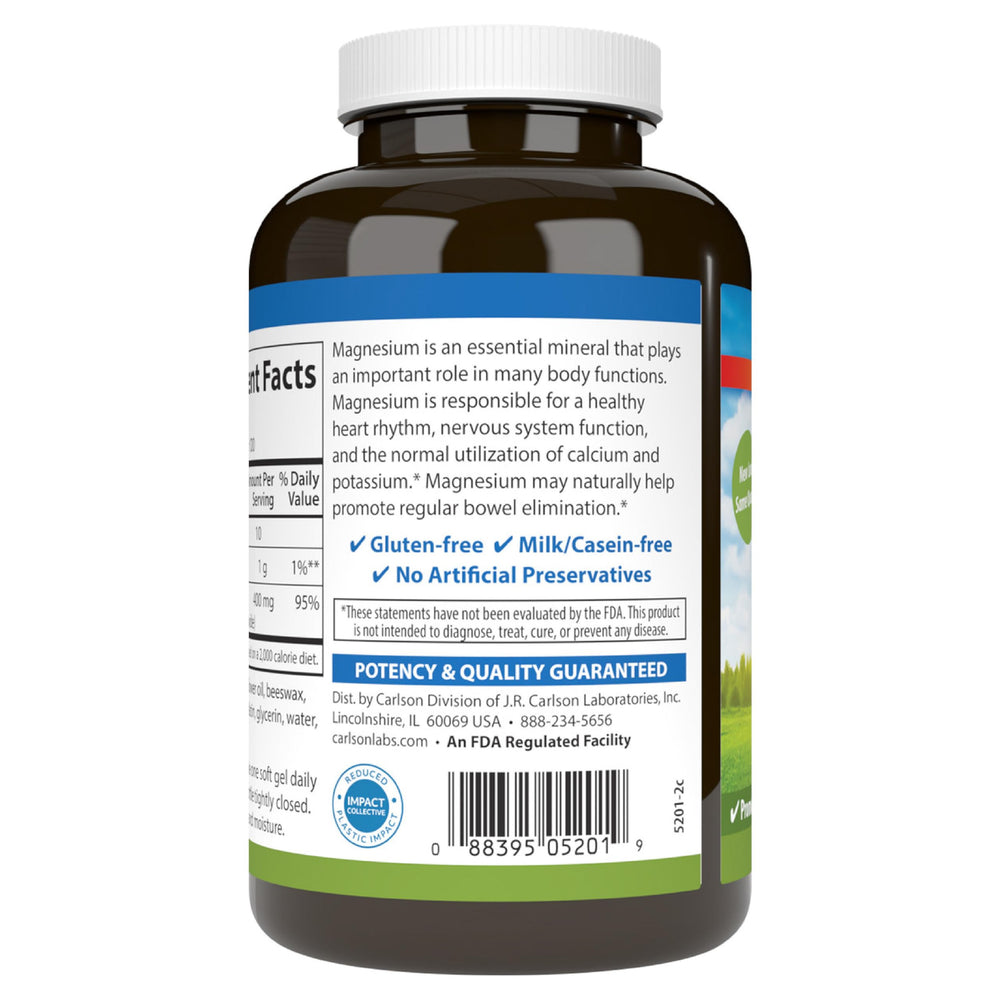 Carlson Magnesium Gels in daily routine beside a glass of water.