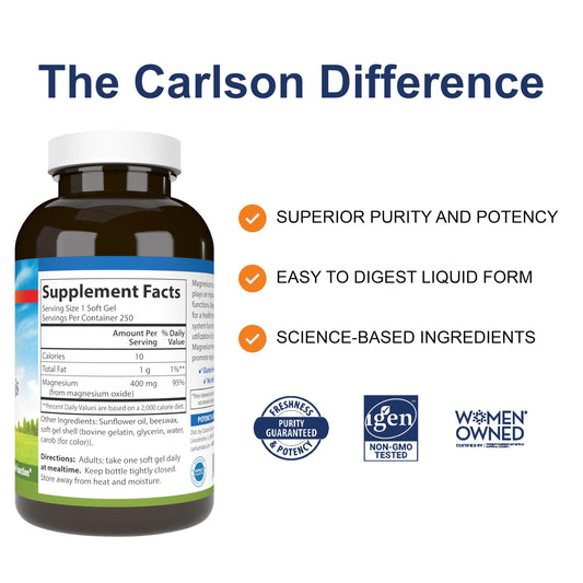 Carlson Magnesium Gels softgels closeup highlighting easy swallowing.