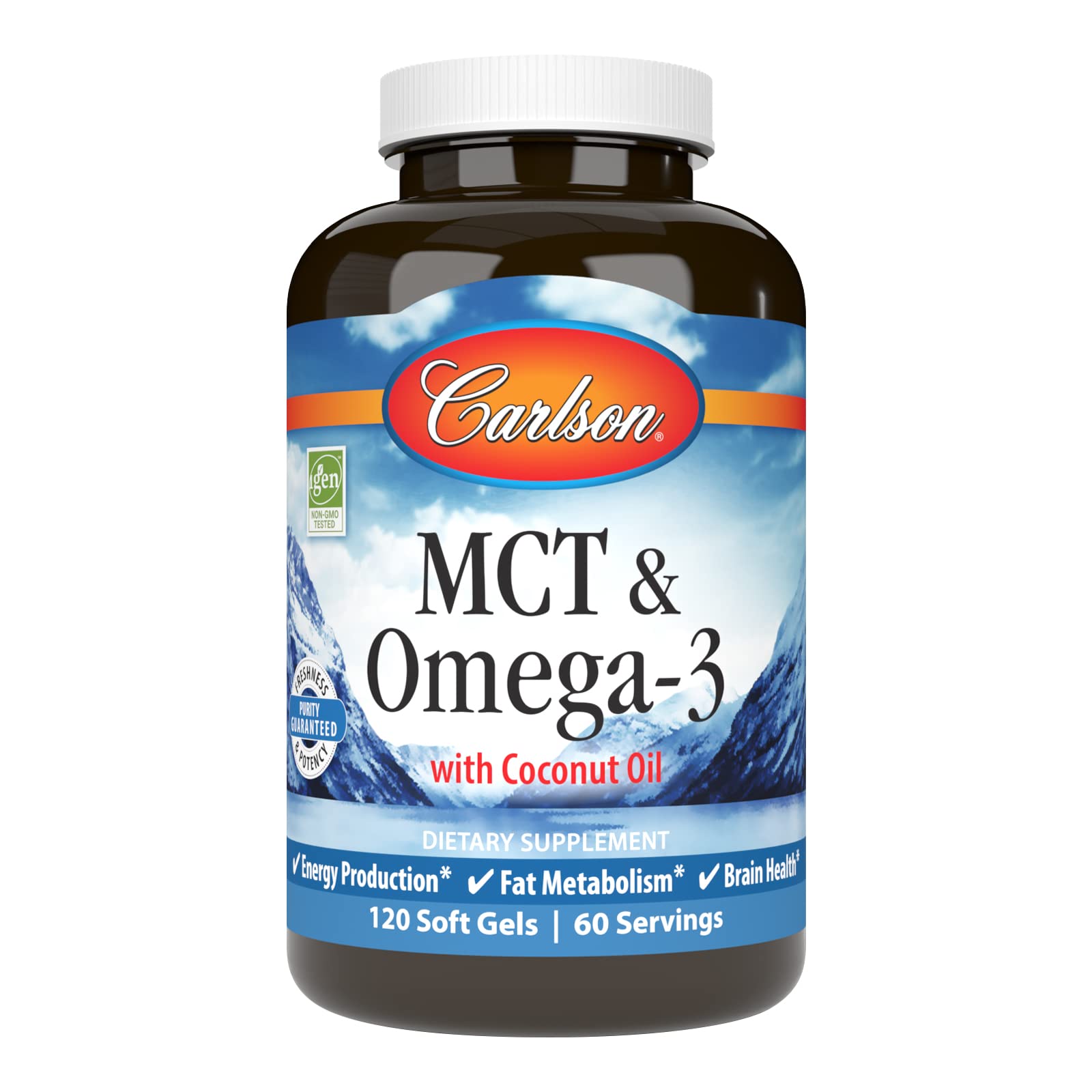 Carlson MCT and Omega-3 softgels bottle-front view for convenient daily energy support.